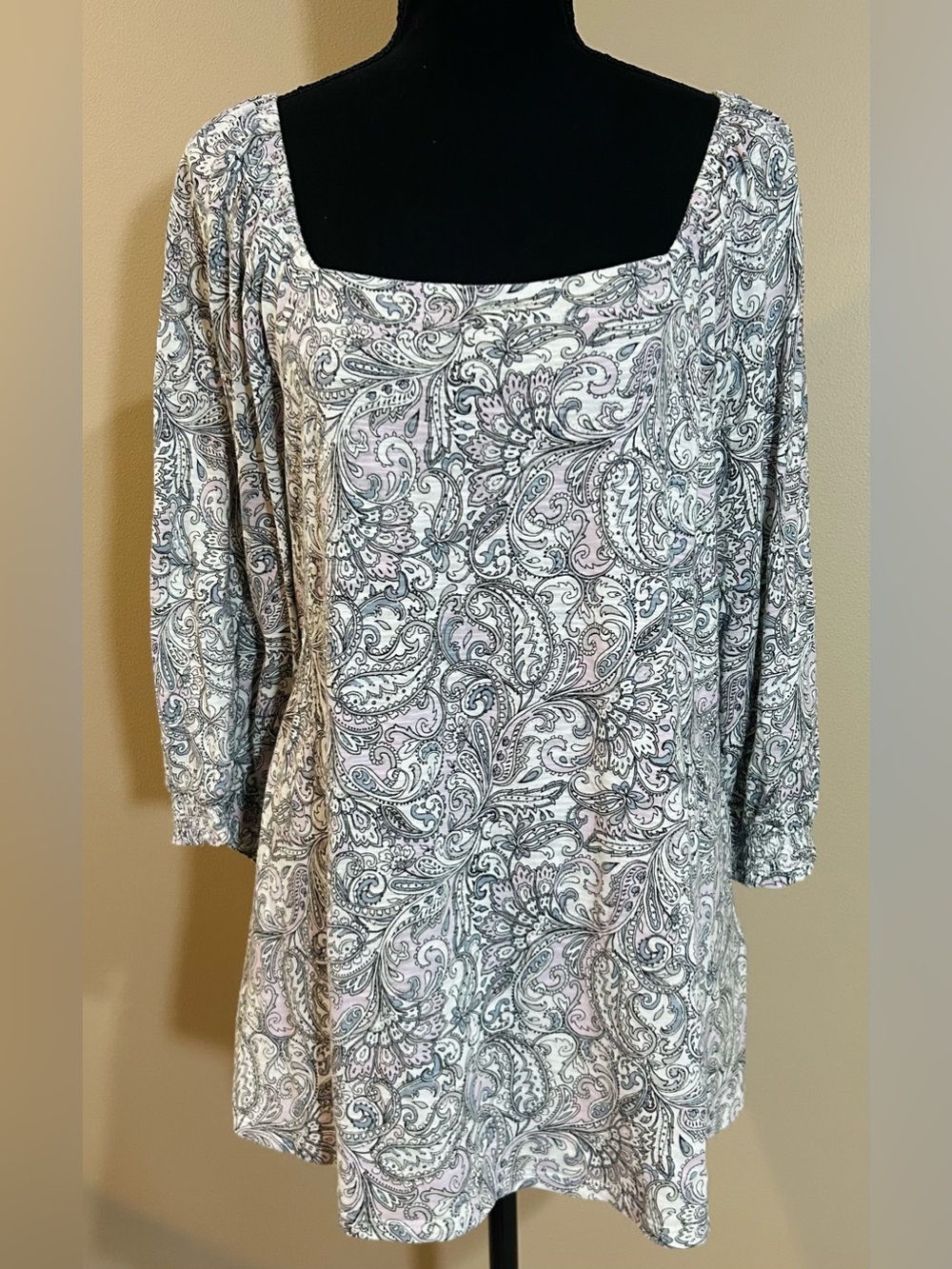 J.Jill Women’s Paisley Square Neck Top - White/Lt Gray/Lt Pink 3/4 Sleeve in 2X